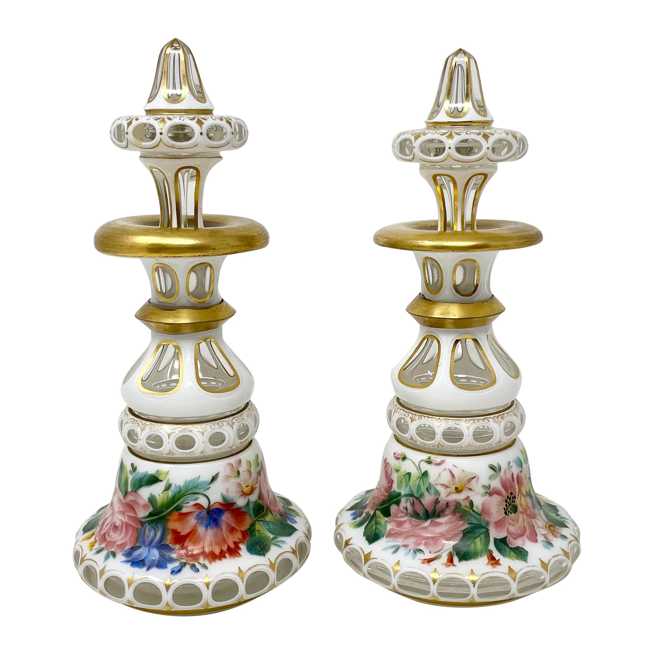Pair Antique Opaline Overlay Perfumes, circa 1860-1870