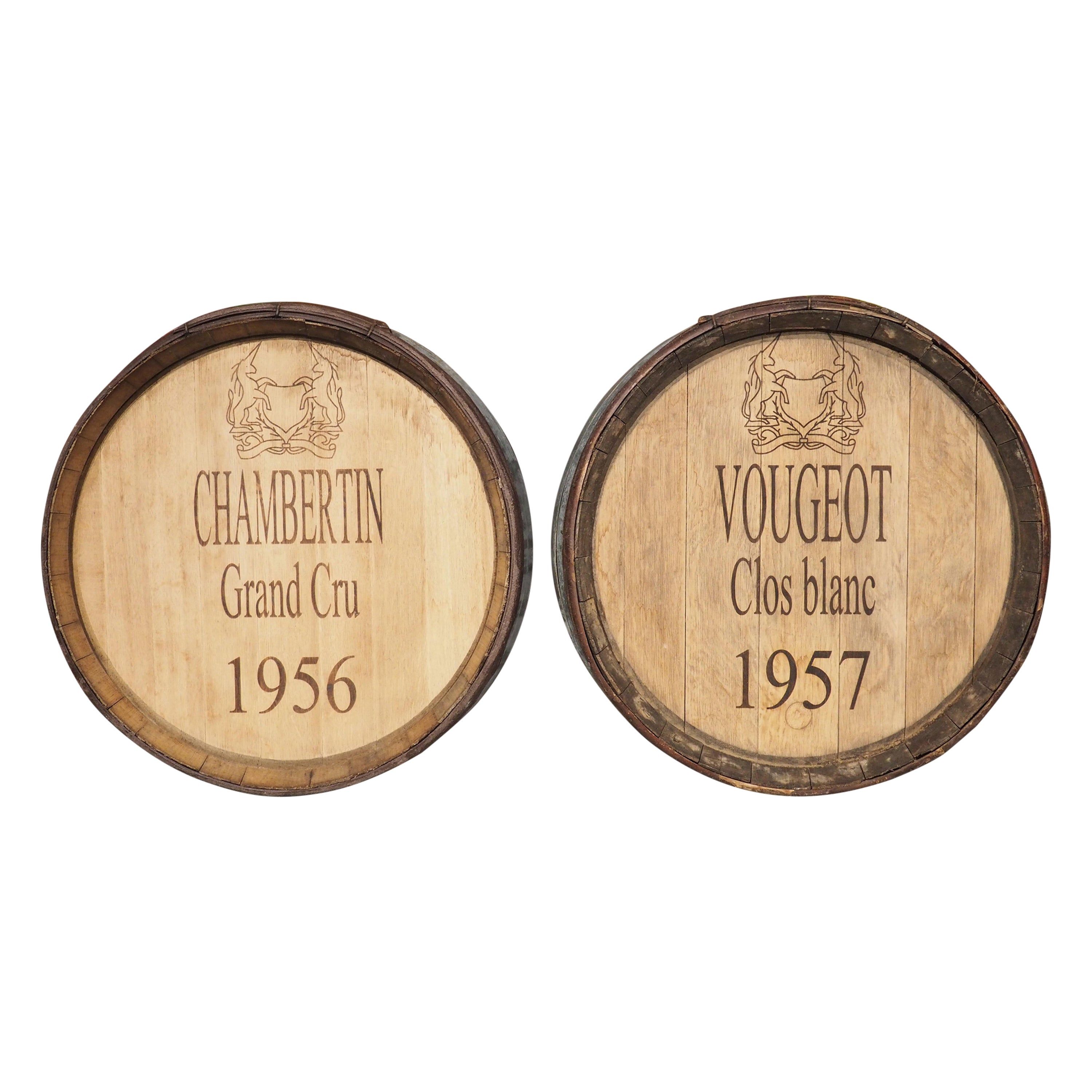 Pair of Antique French Oak Wine Barrel Facades, Chambertin and Vougeot For Sale