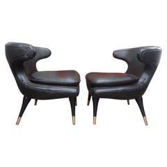 Pair of Italian Modern Curved Back Chairs Upholstered in Black Leather
