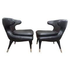 Retro Pair of Italian Modern Curved Back Chairs Upholstered in Black Leather