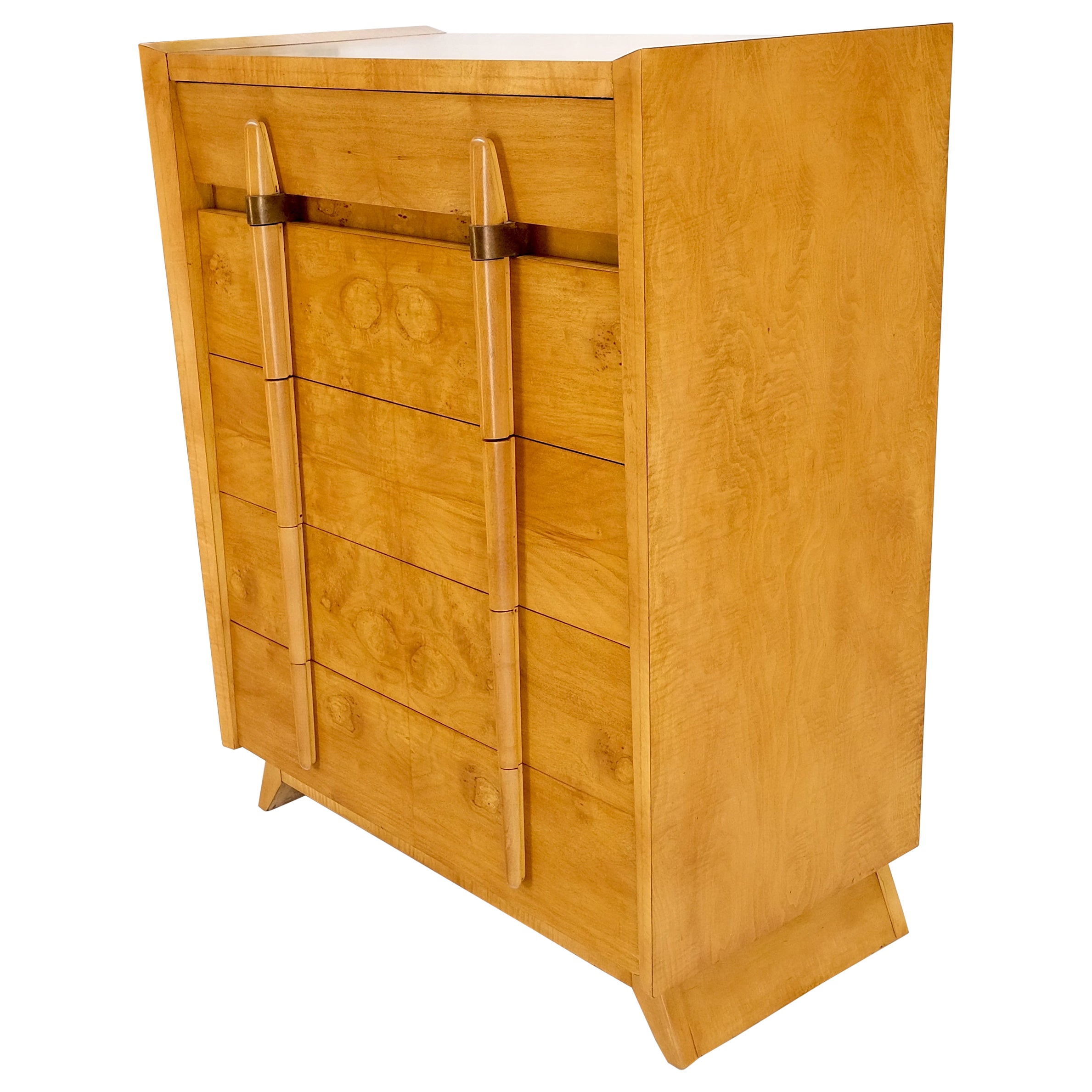 Cedar Drawer W/ Lid Mid-Century Modern Burl High Chest Dresser Sculptured Pulls  For Sale