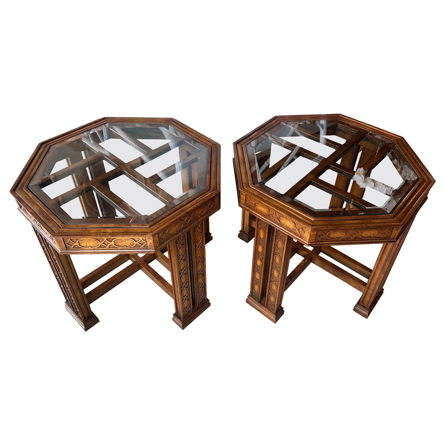 Vintage Pair End Side Tables Fret Work Fretwork Chinese Chippendale Wood Octagon