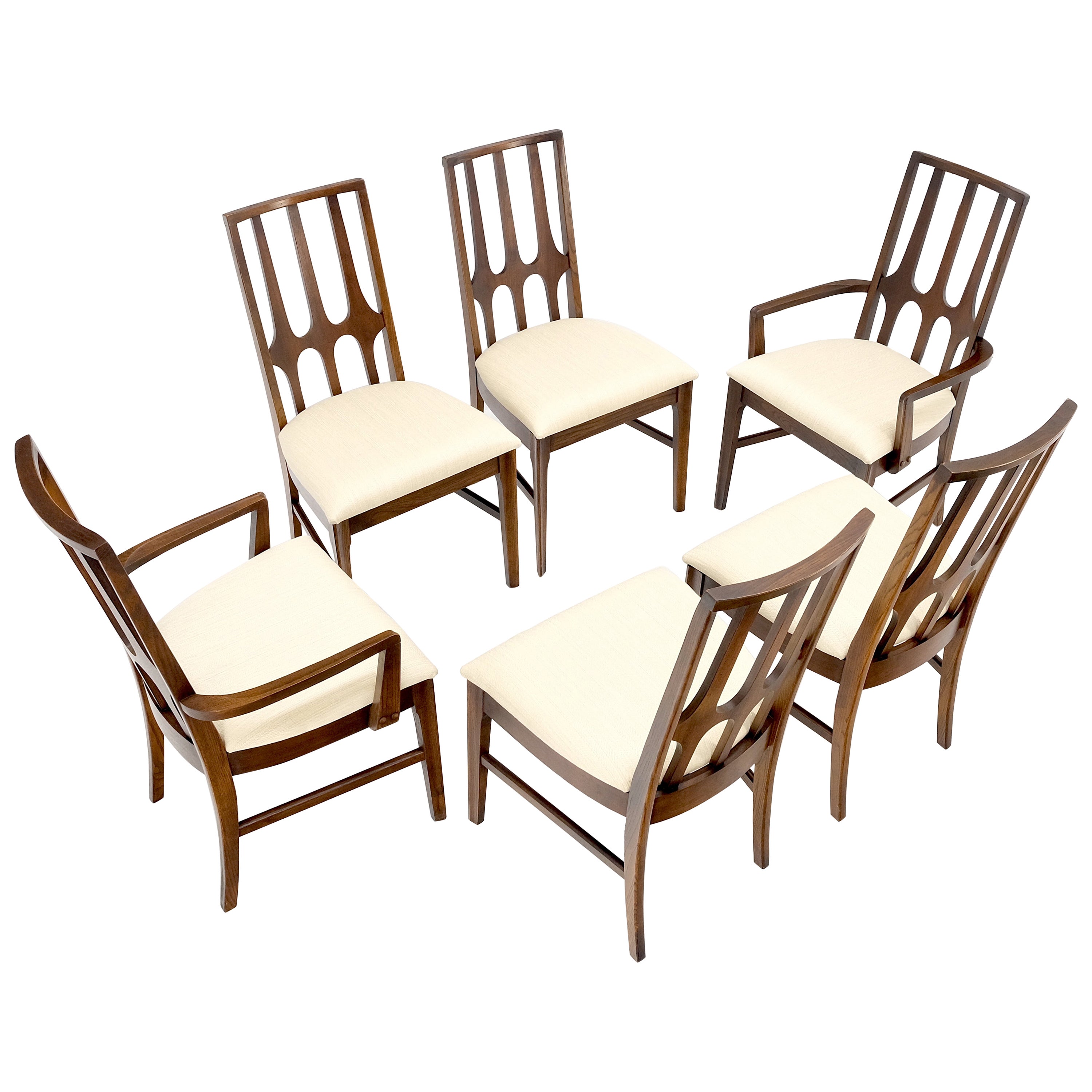 Ensemble de 6 chaises de salle à manger modernes du milieu du siècle dernier en lin et noyer rembourré MINT ! en vente