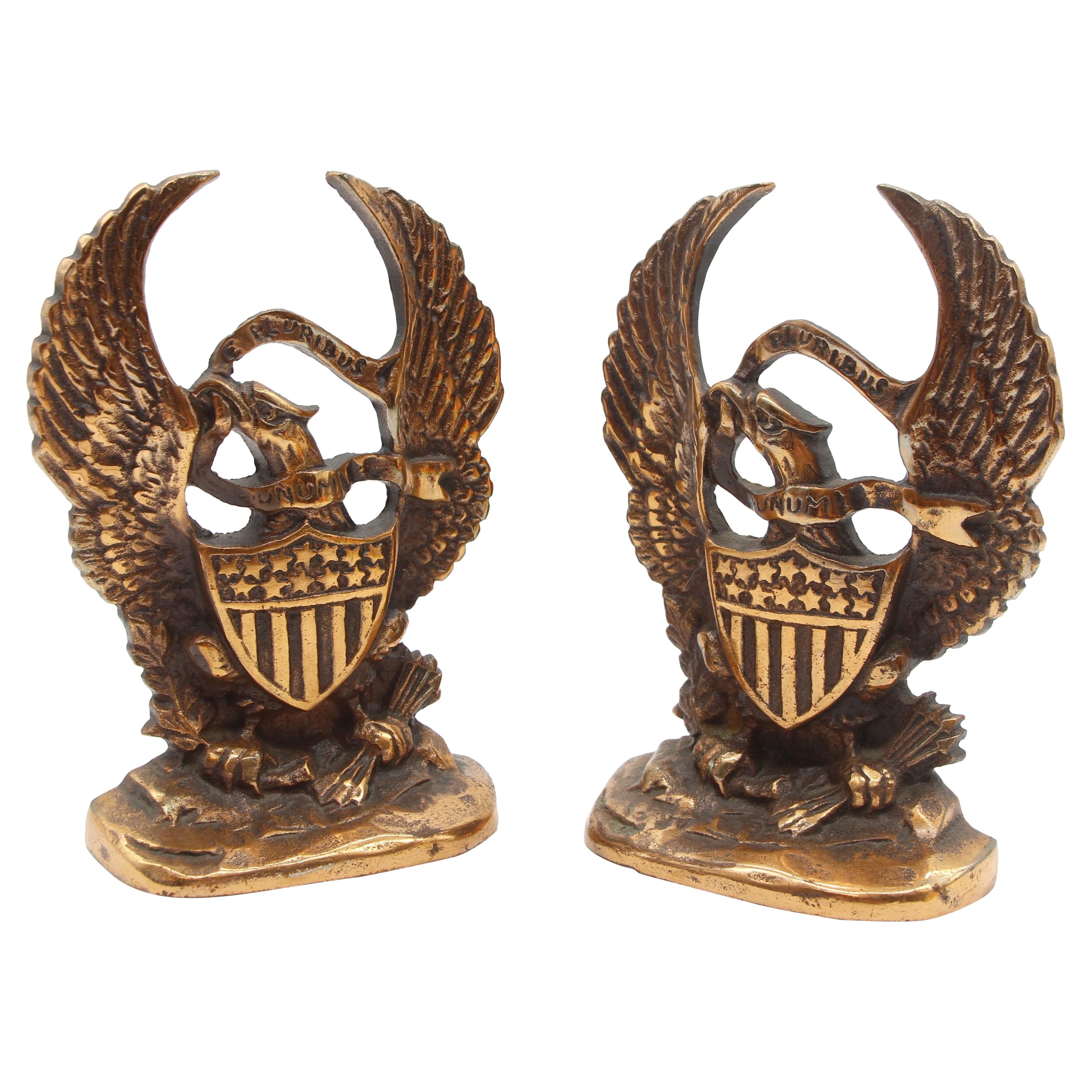 Pair Copper Washed Eagle Bookends Shield Wings Outstretched For Sale