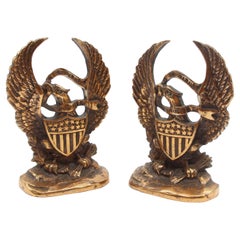 Pair Copper Washed Eagle Bookends Shield Wings Outstretched