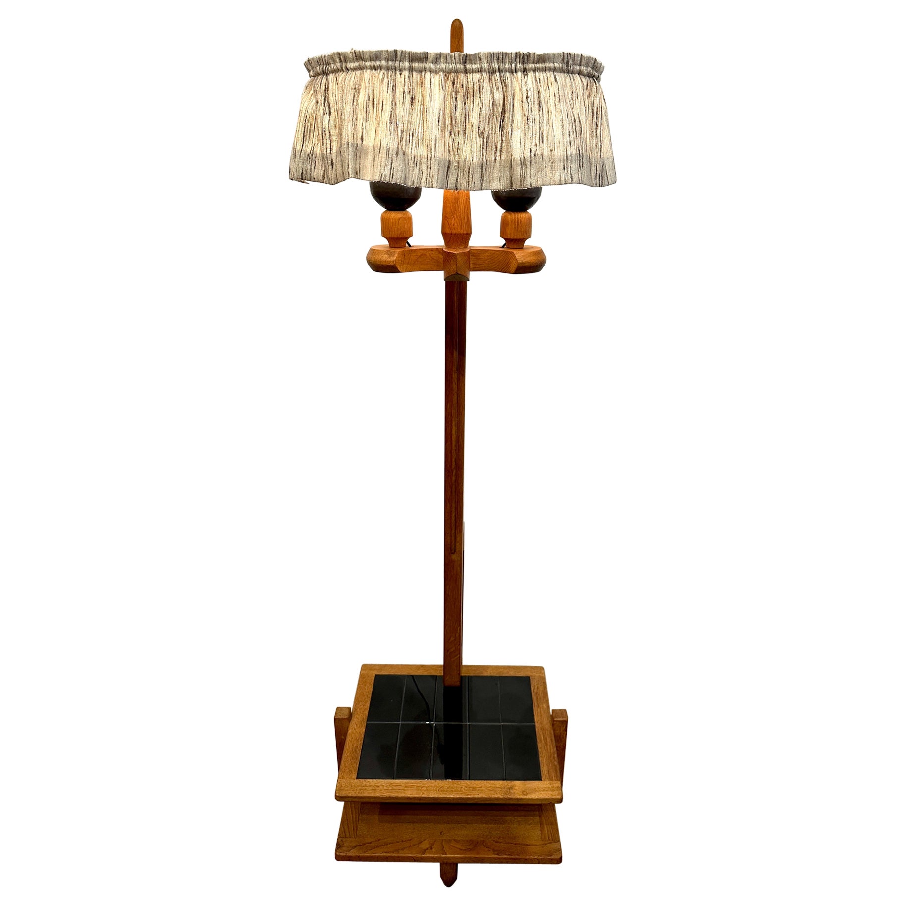 Vintage French Oak and Ceramic Guillerme et Chambron Floor Lamp For Sale