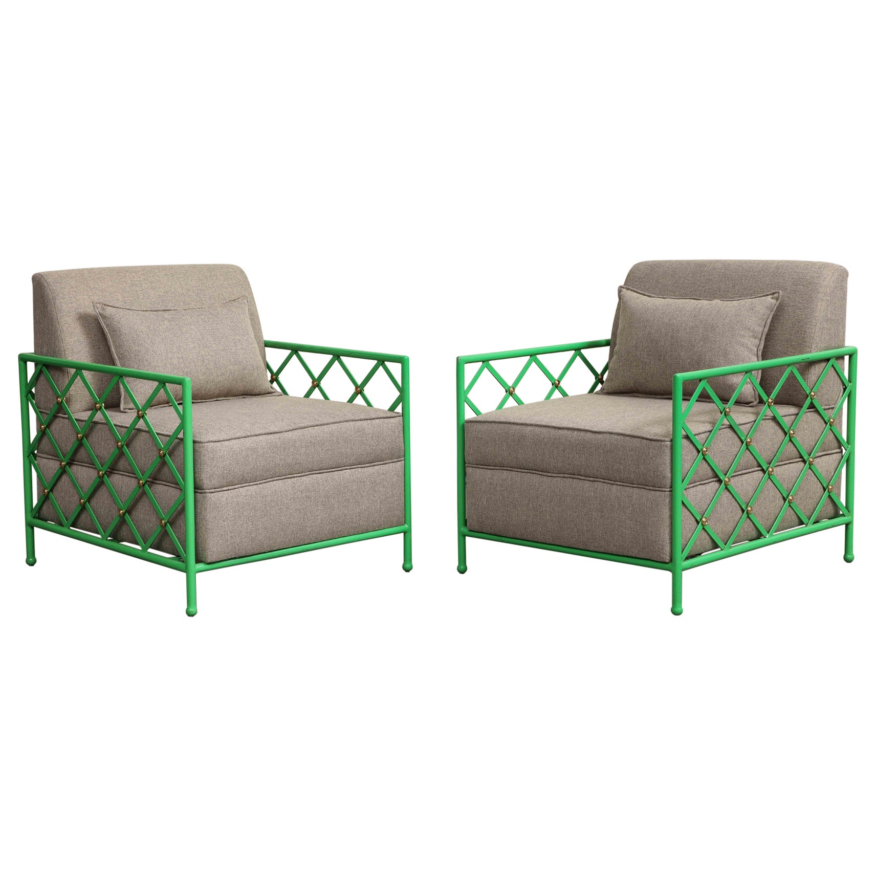 Pair of Midcentury French Style Bright Green Enameled Iron Cube Lounge Chairs For Sale