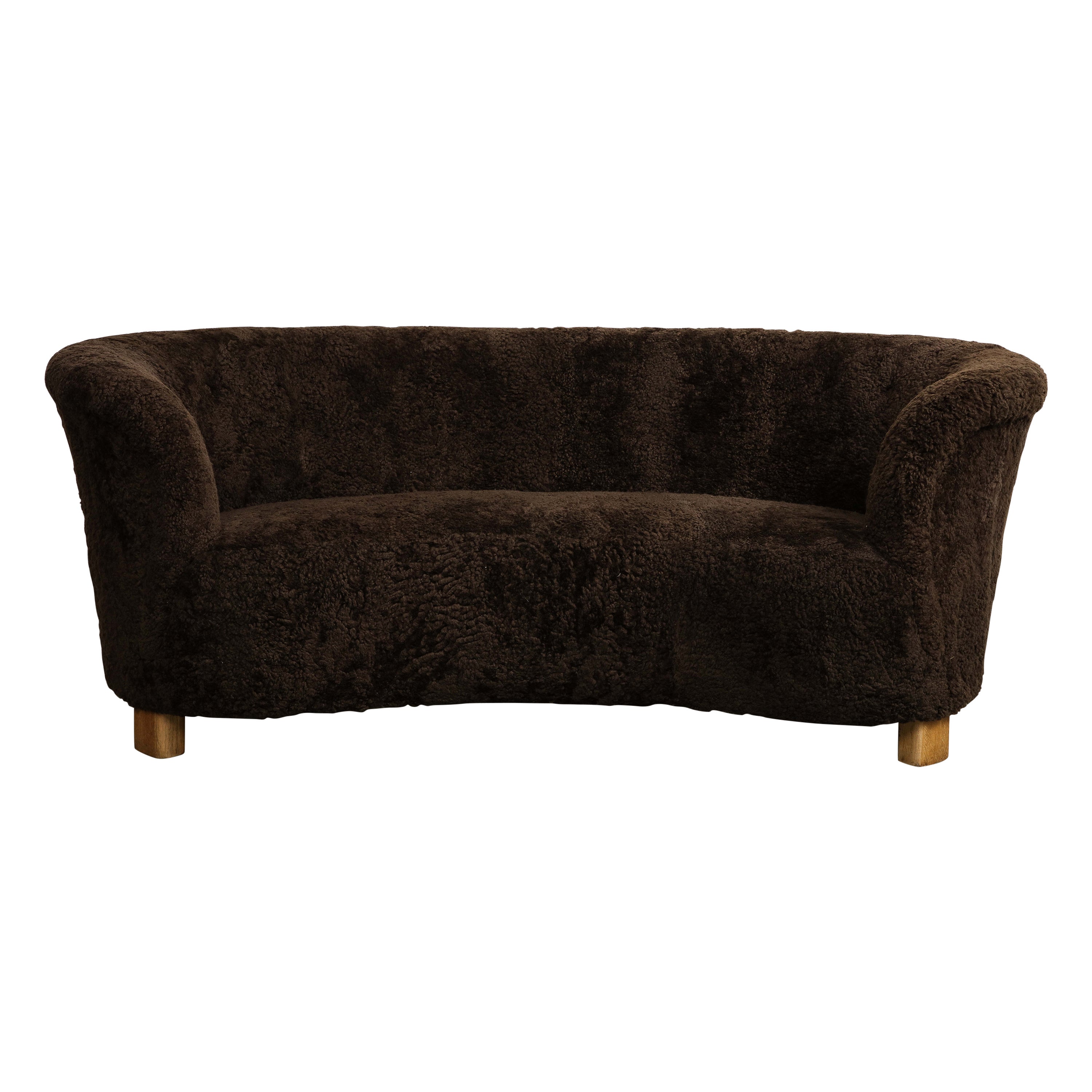 Mid-Century Danish Brown Shearling Curved Sofa, Attributed to Flemming Lassen