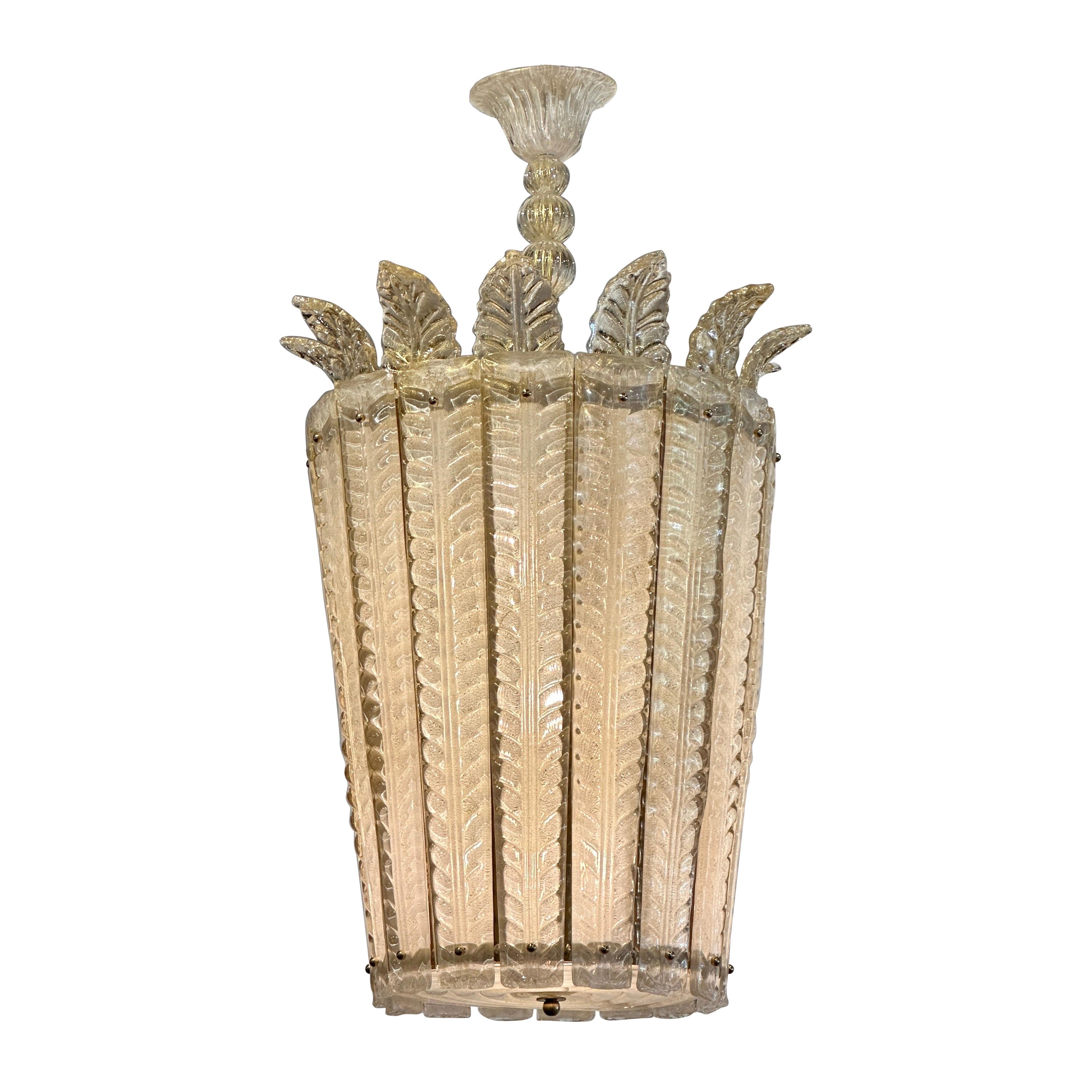 Overscale Deco Italian Murano Glass Opaline and Gold Chandeliers - Two Available For Sale