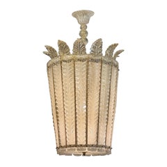 Used Overscale Deco Italian Murano Glass Opaline and Gold Chandeliers - Two Available