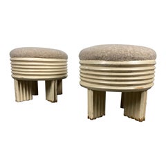Stunning Art Deco Ribbed White Lacquer Poufs / Footstools after Eileen Gray