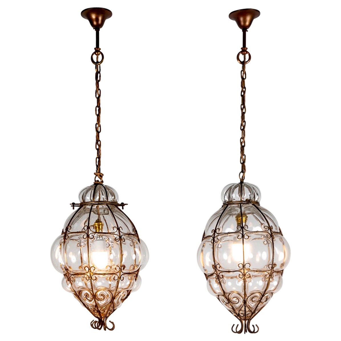 Pair of Archimede Seguso Murano Caged Glass Pendant Lights For Sale