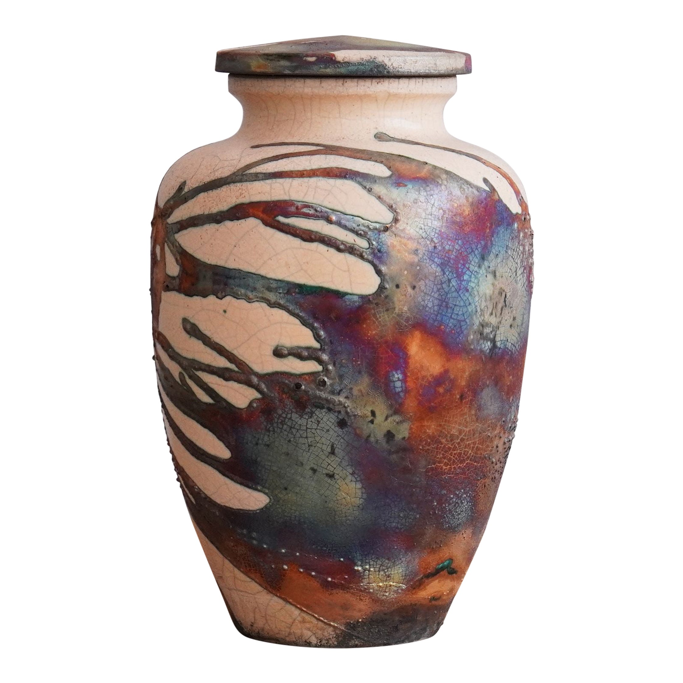 Pre-Order Omoide Urn 170 Cubic Inches, Half Copper Matte, Ceramic Raku Pottery For Sale