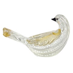 Murano Large Vintage White Spots Gold Fleck Italian Art Glass Dove Bird Figure