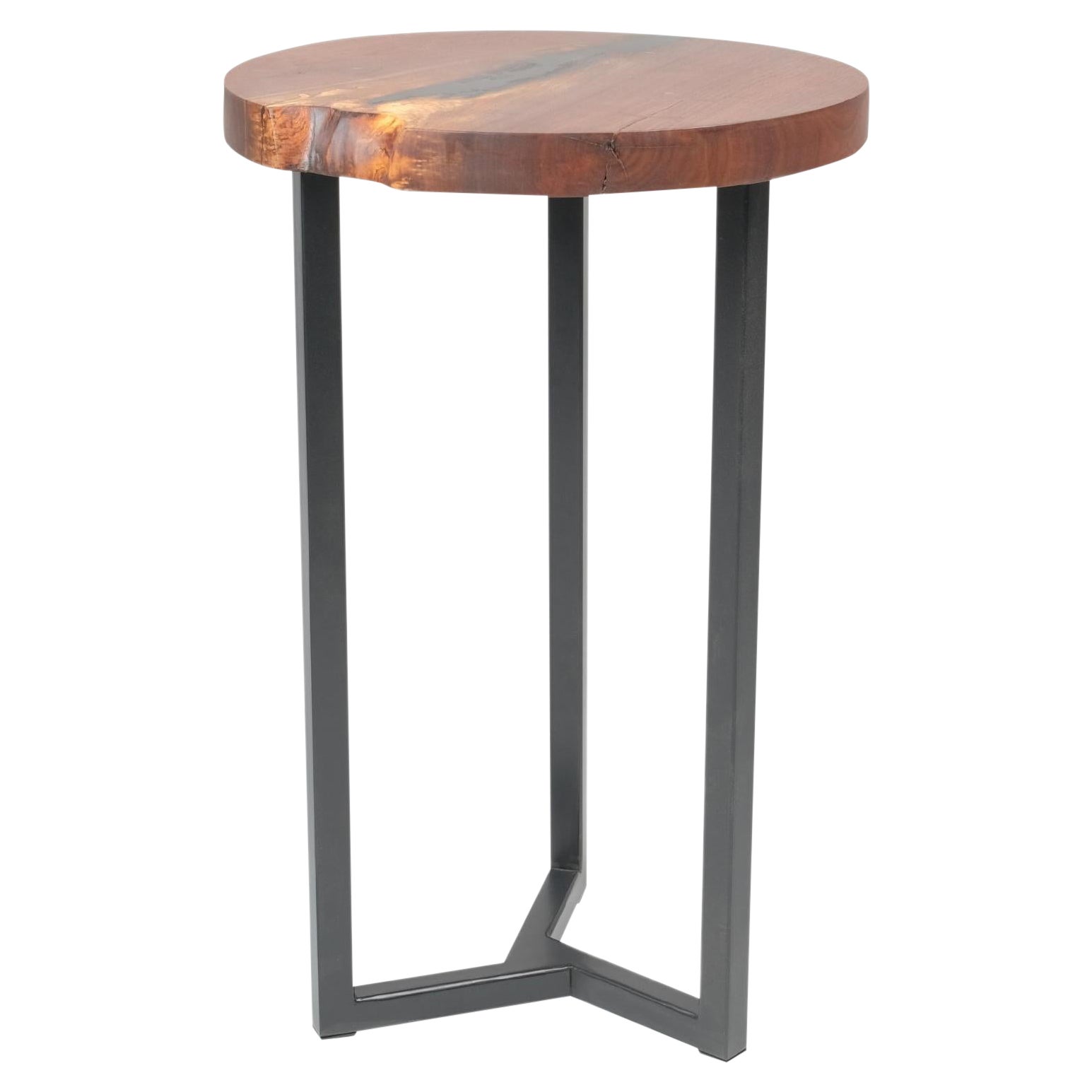 Round Live Edge Side Table in Walnut with Steel Frame For Sale