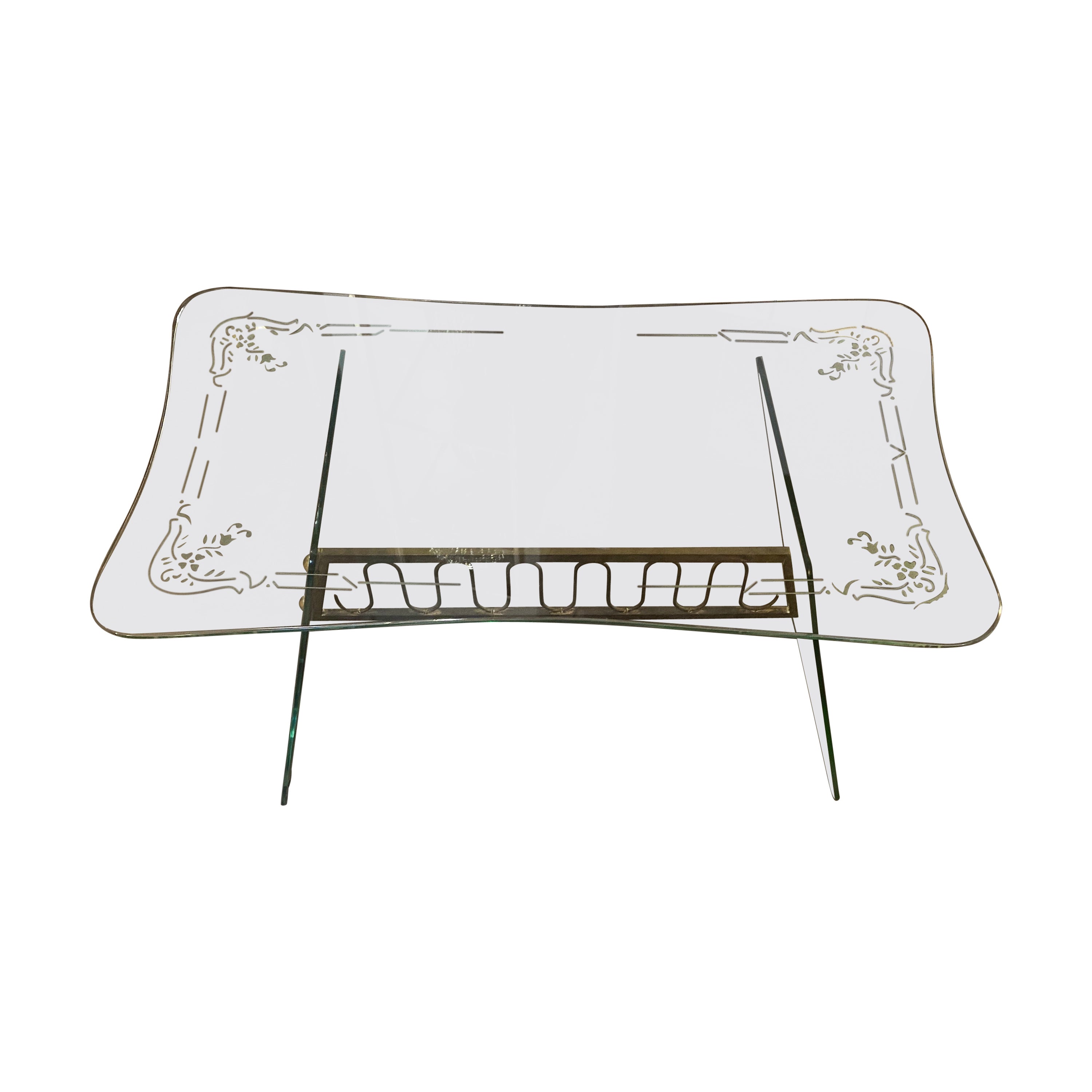 Table basse italienne en verre et laiton, style Fontana Arte, années 1950, Mid-Century Modern en vente
