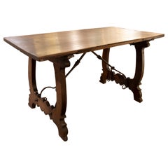 18th Century Spanish Table in Walnut with Lyre Legs Joined with Original Iron