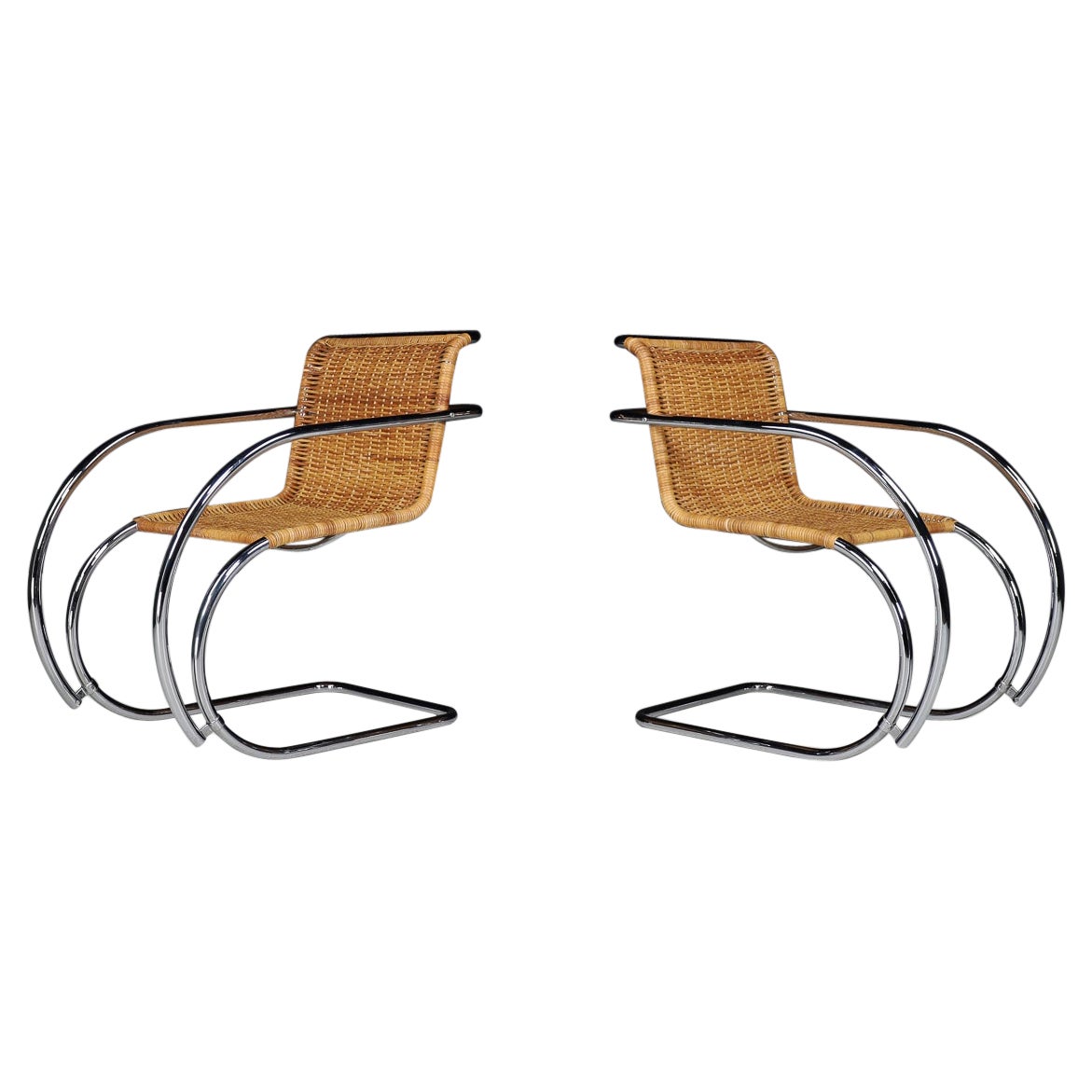  Mies Van Der Rohe MR20 Chrome & Wicker Lounge Chairs, 1970s  For Sale