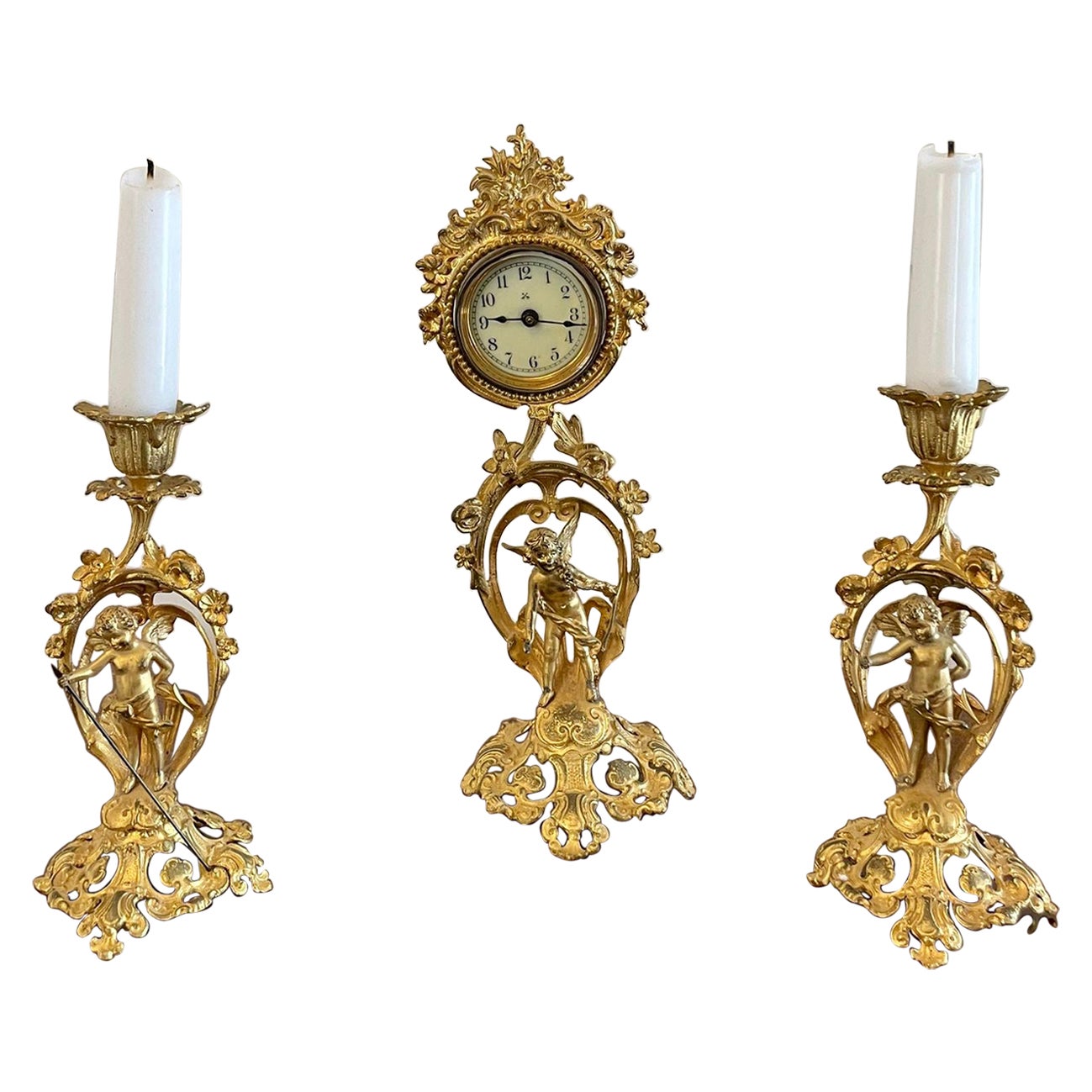 Fine Antique Victorian Ornate Gilded Clock Set For Sale