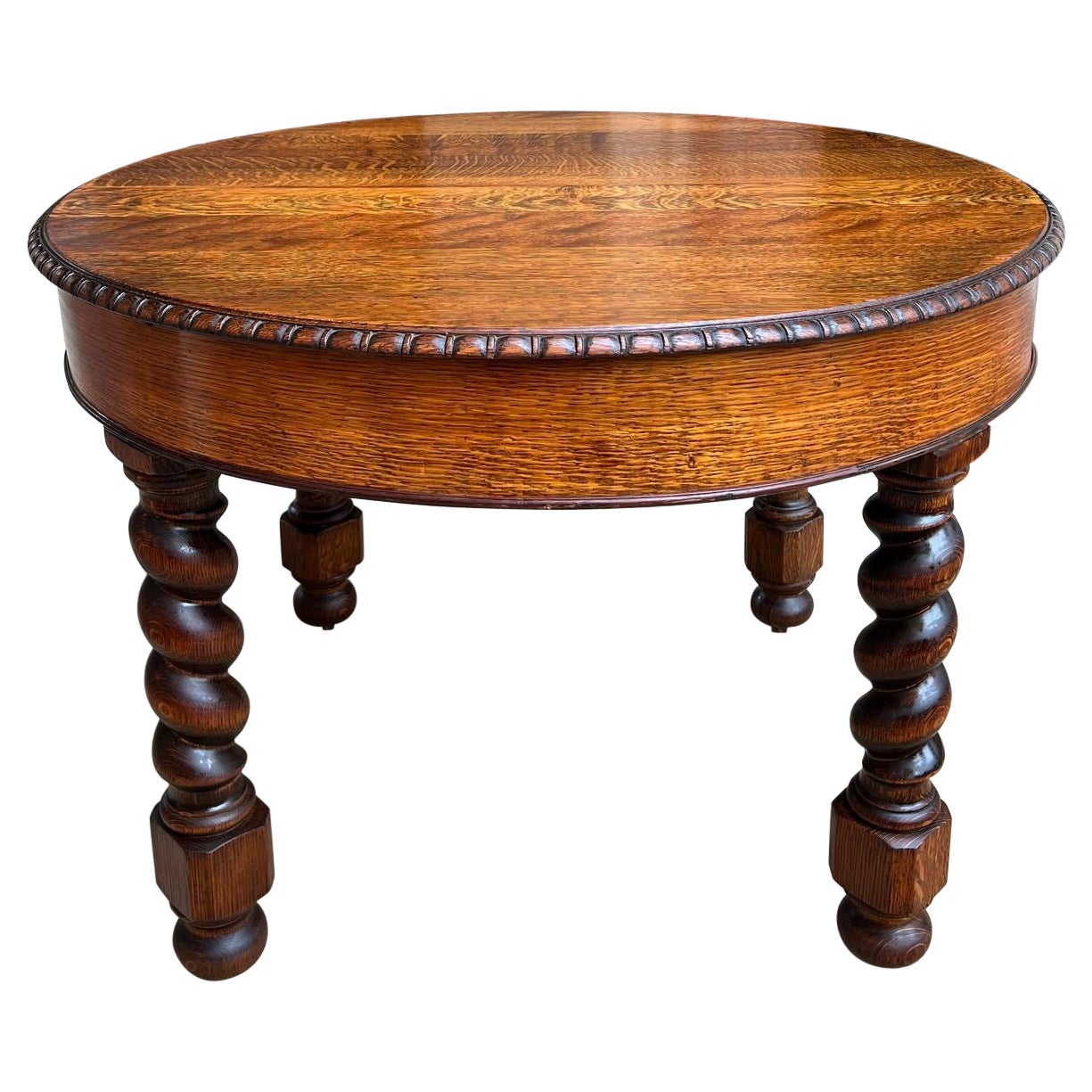 19th Century English Round Dining Center Table Barley Twist Carved Tiger Oak