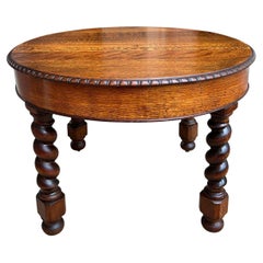 Antique 19th Century English Round Dining Center Table Barley Twist Carved Tiger Oak