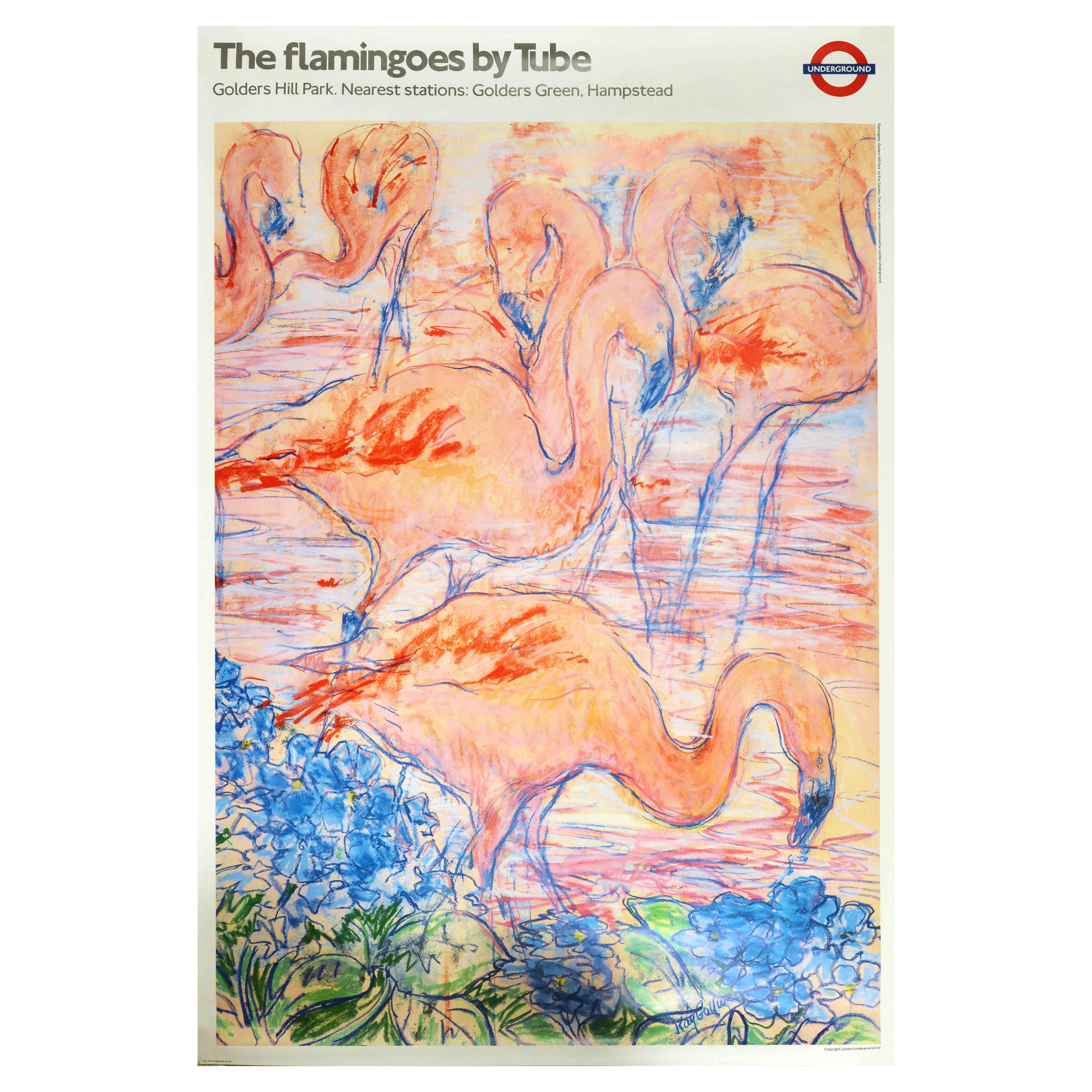 Original Vintage London Underground Poster Flamingoes By Tube Golders Hill Park  For Sale