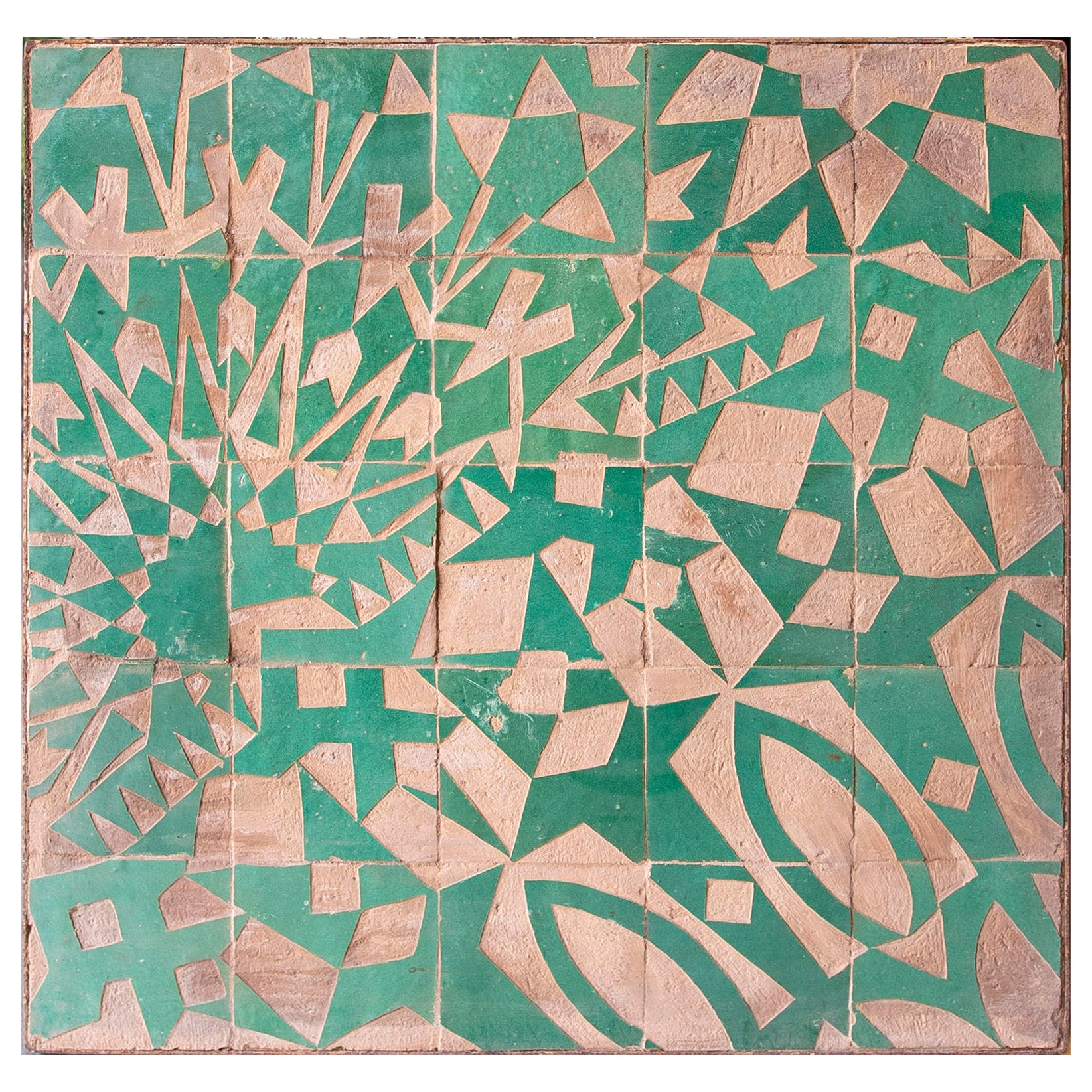 Ceramic Framed Tiled Panel with Green Glazed Decoration For Sale