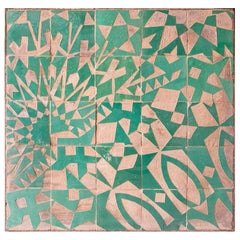 Vintage Ceramic Framed Tiled Panel with Green Glazed Decoration