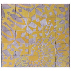 Vintage Ceramic Framed Tiled Panel with Yellow Glazed Decoration