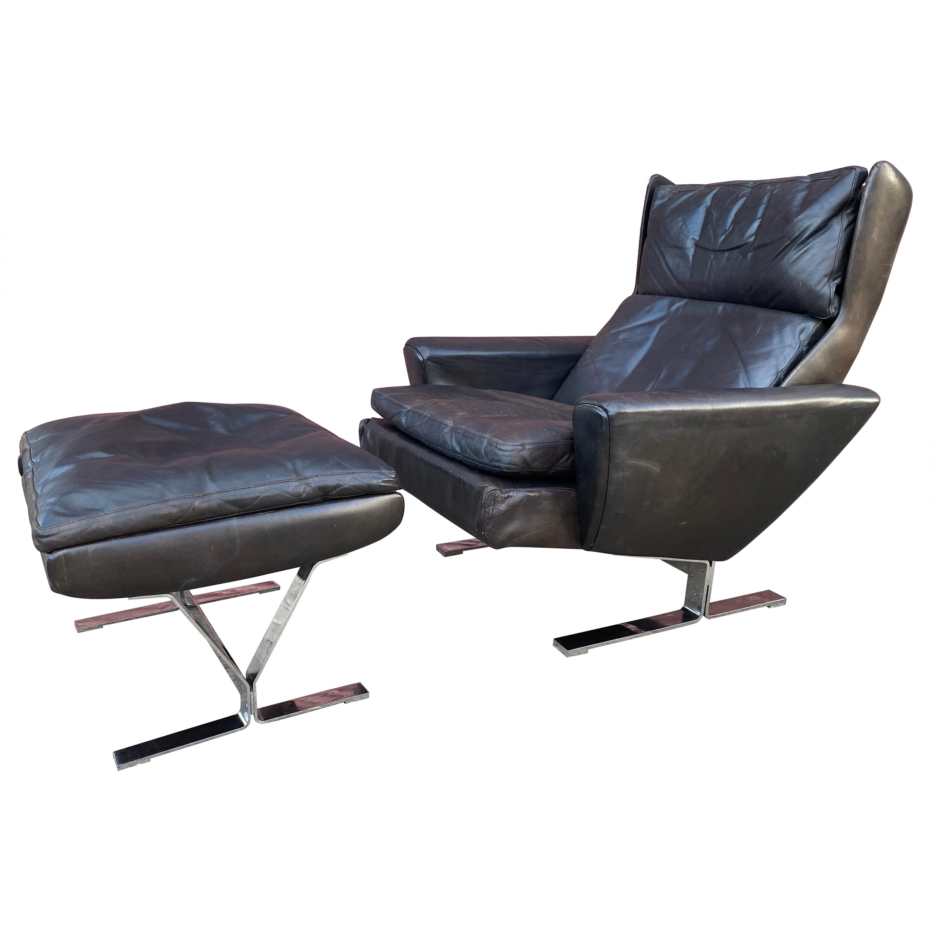George Thams for A. S. Vejen Leather and Chrome Danish Lounge Chair and Ottoman For Sale