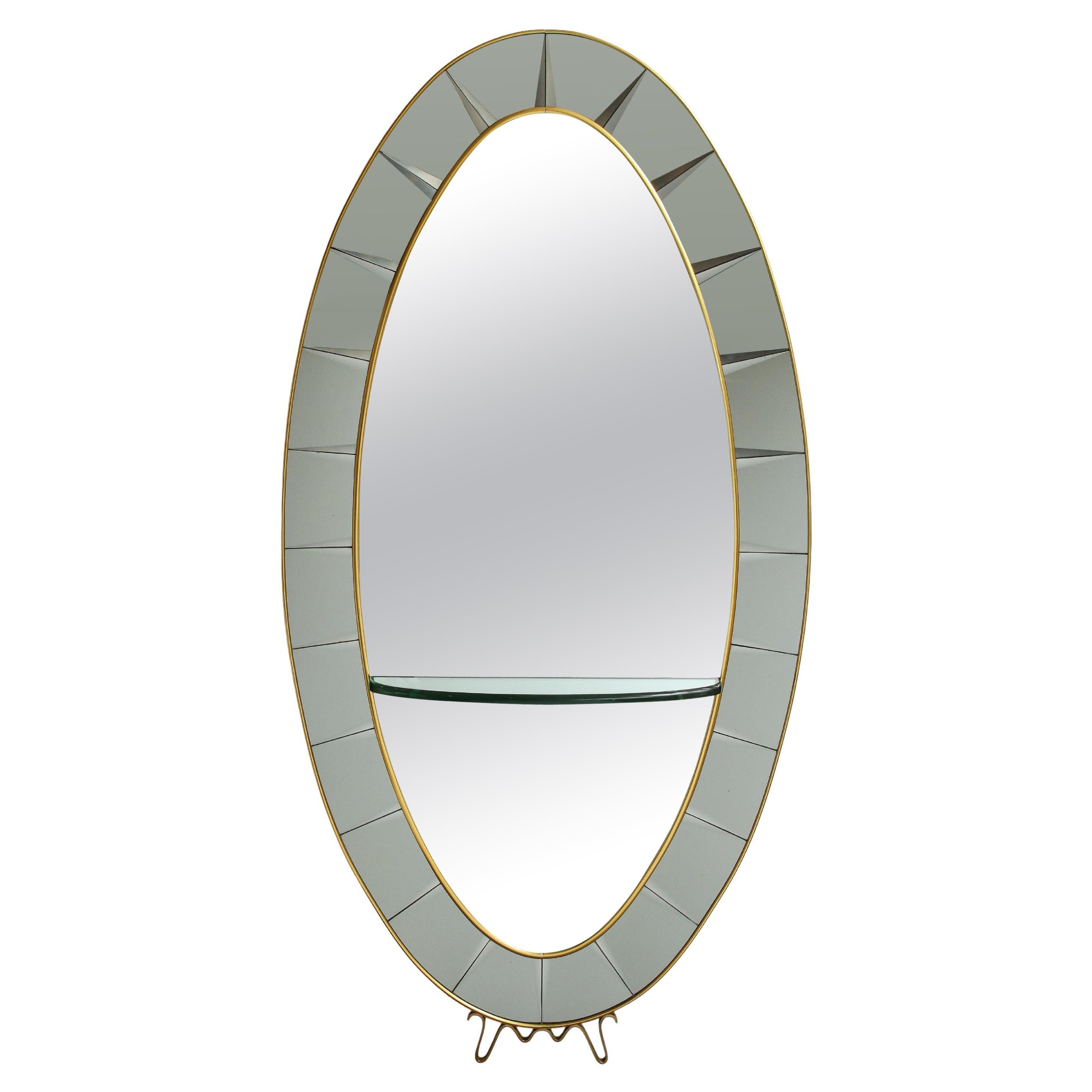 Miroir de sol ovale à grande échelle en cristal biseauté taillé à la main avec étagère, Cristal Art