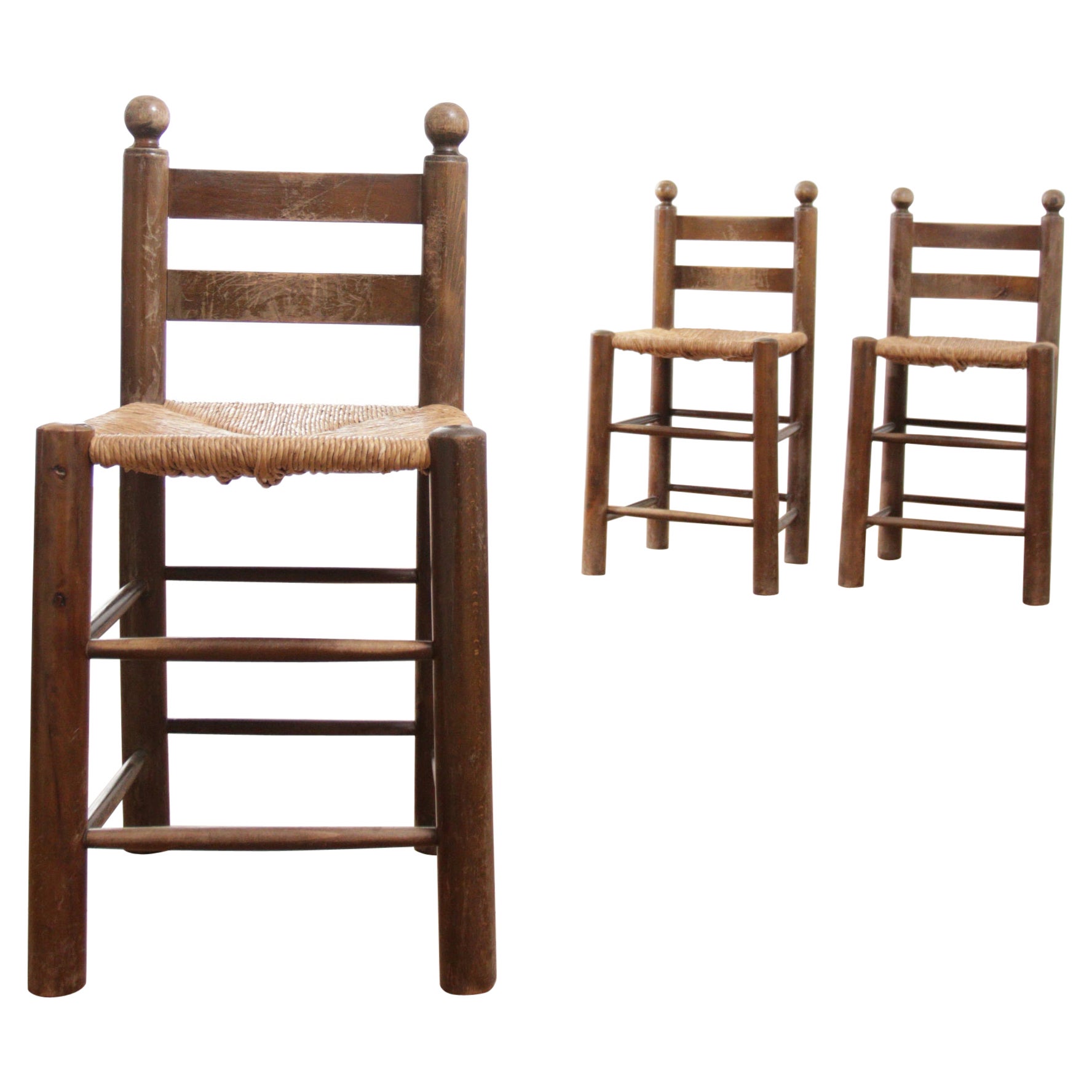 3 French Ladder Back Oak Rush Seat Dining Chairs