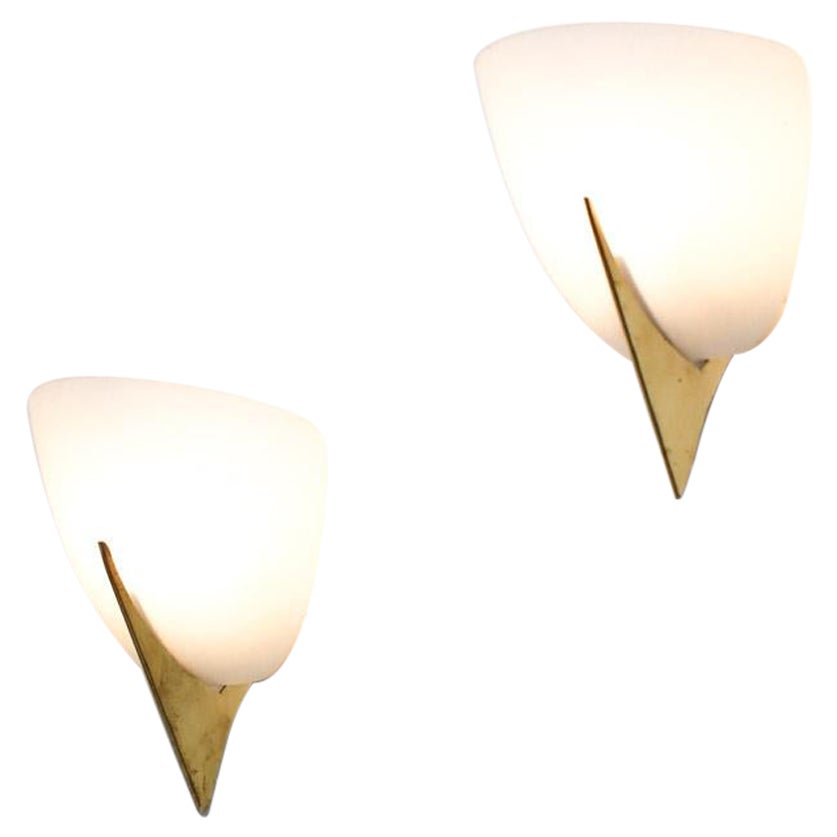 Pair of Italian Brass and Opaline Wall Lights from the 1960s/1970s