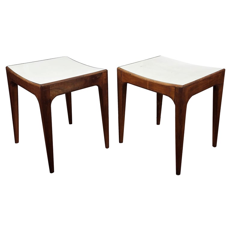 MidCentury Modern Italian White Lacquered Curved Seat Wooden Stool