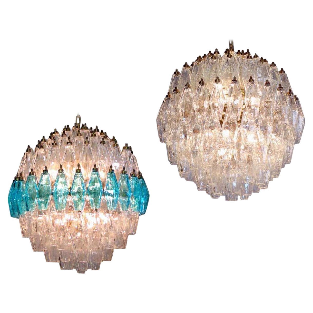 Exceptional Pair of Spherical Poliedri Chandeliers Murano For Sale