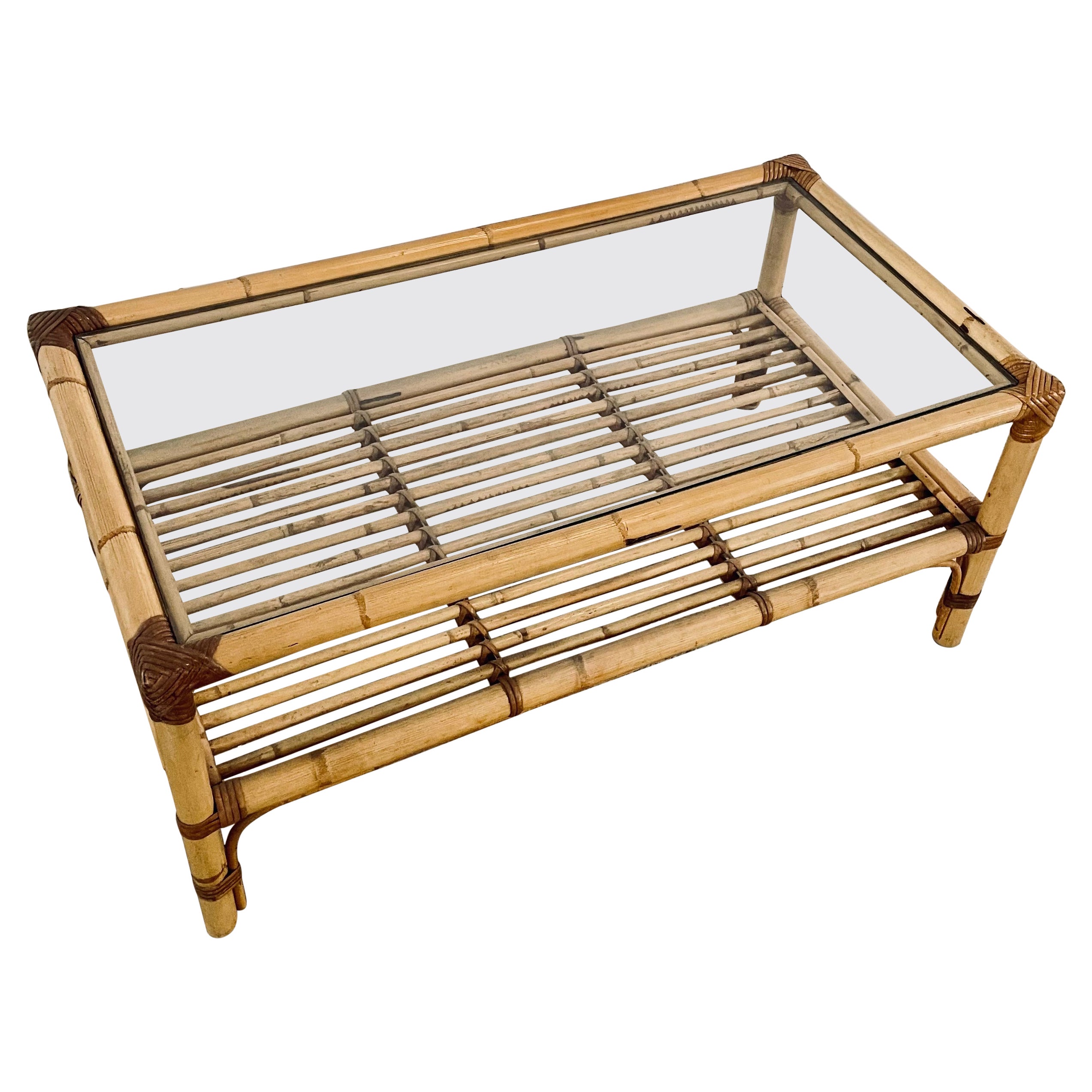 Vintage French Bamboo Coffee Table with Glass Top For Sale