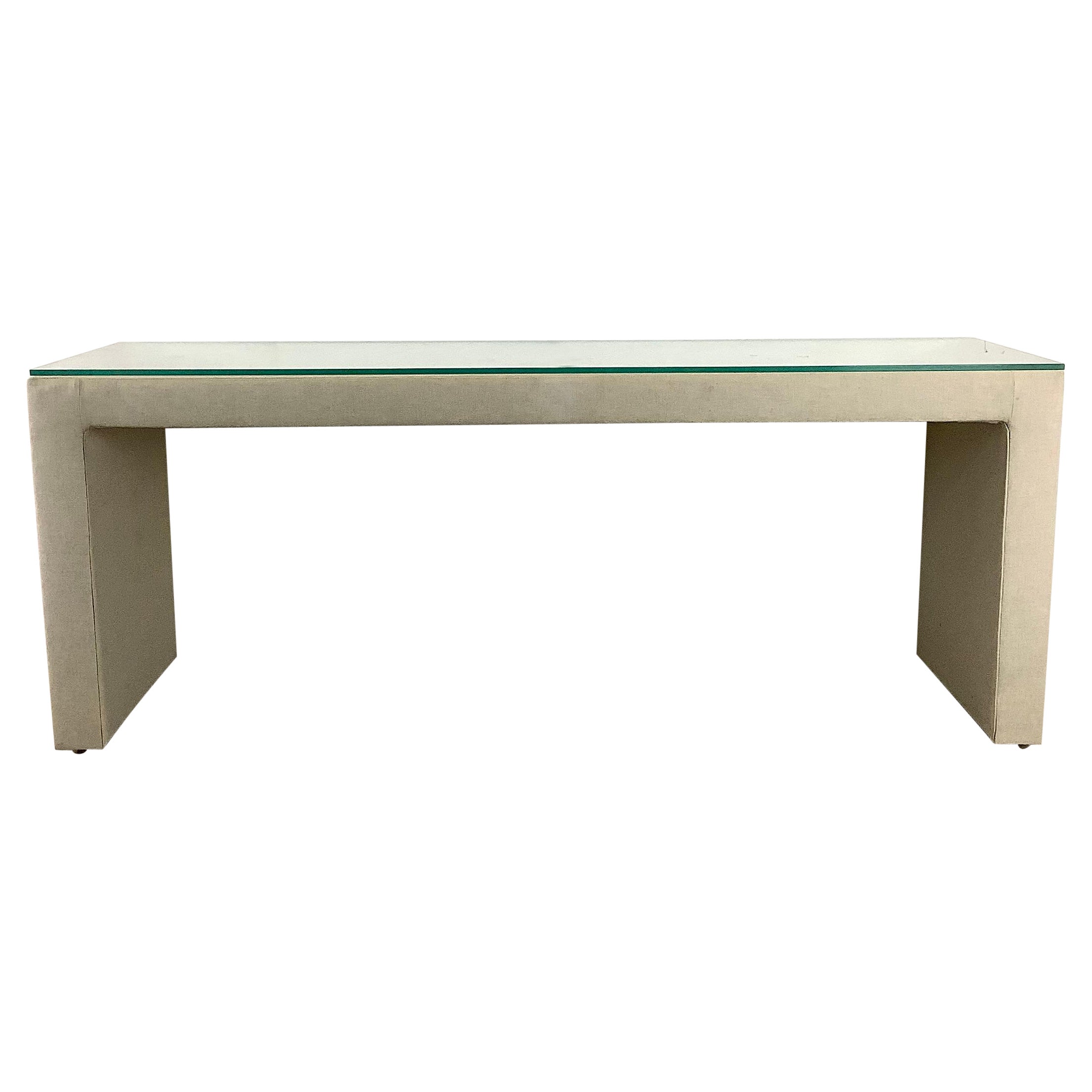 Modern Linen Parsons Table with Glass Top For Sale