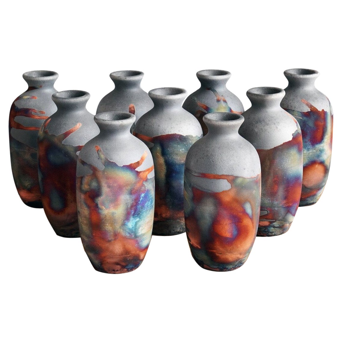 Koban 9 Pack Raku Pottery Vase with Water Tube - Carbon Copper - Handmade For Sale