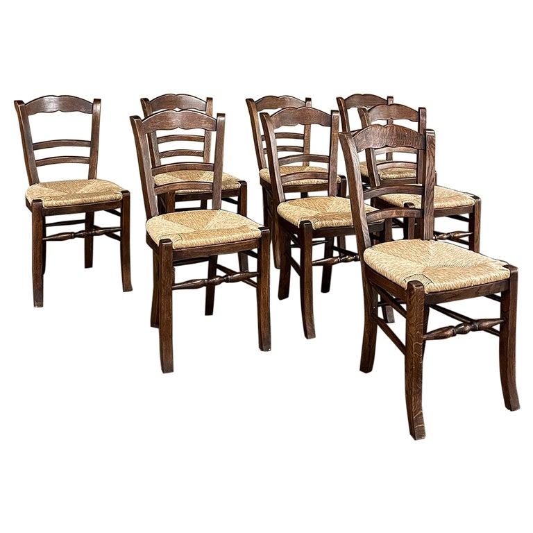 Set of 8 Antique Country French Rush Seat Dining Chairs For Sale at 1stDibs