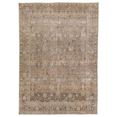 Handmade Gray Antique Persian Tabriz Allover Wool Rug