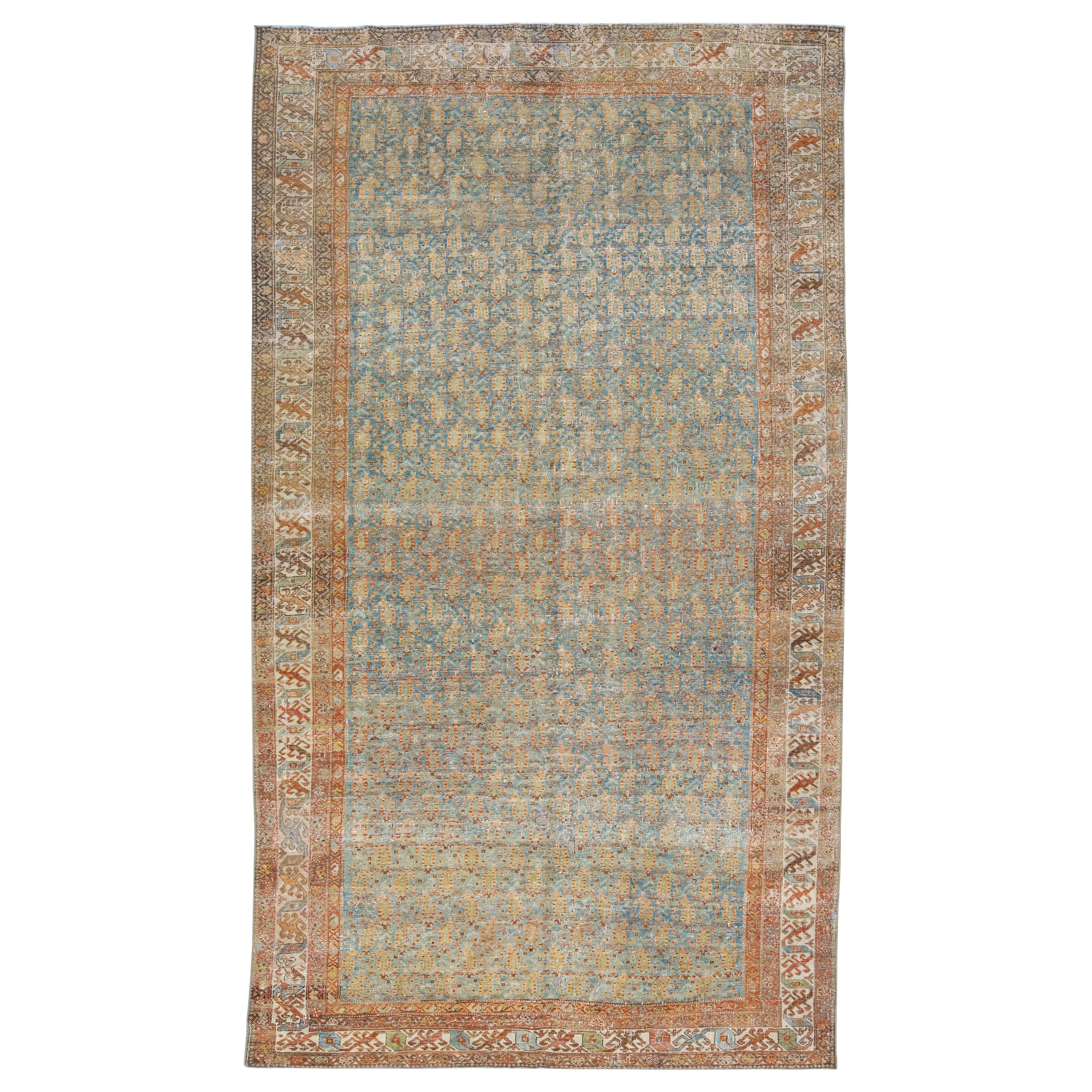 Allover Antique Persian Malayer Wool Rug with Bue & Rust Color Field For Sale