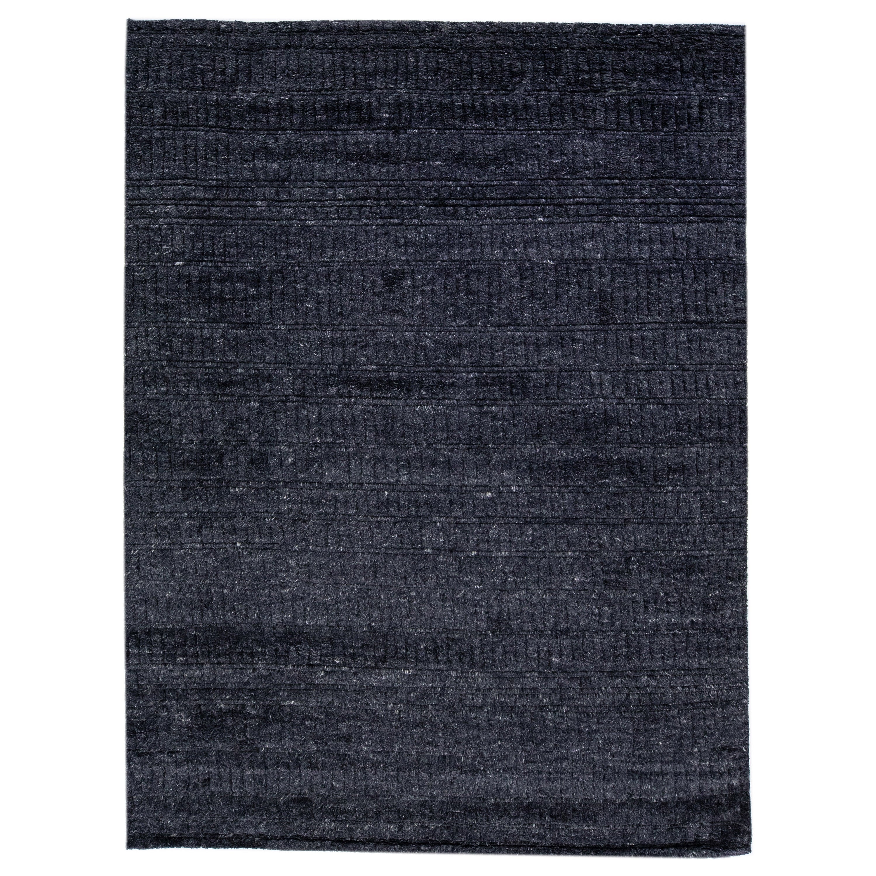 Moroccan Contemporary Texture Handmade Wool Rug with Charcoal Color Field 