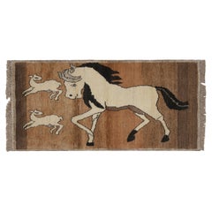 1950s Retro Persian Tribal Rug in Brown with Horse Pictorials