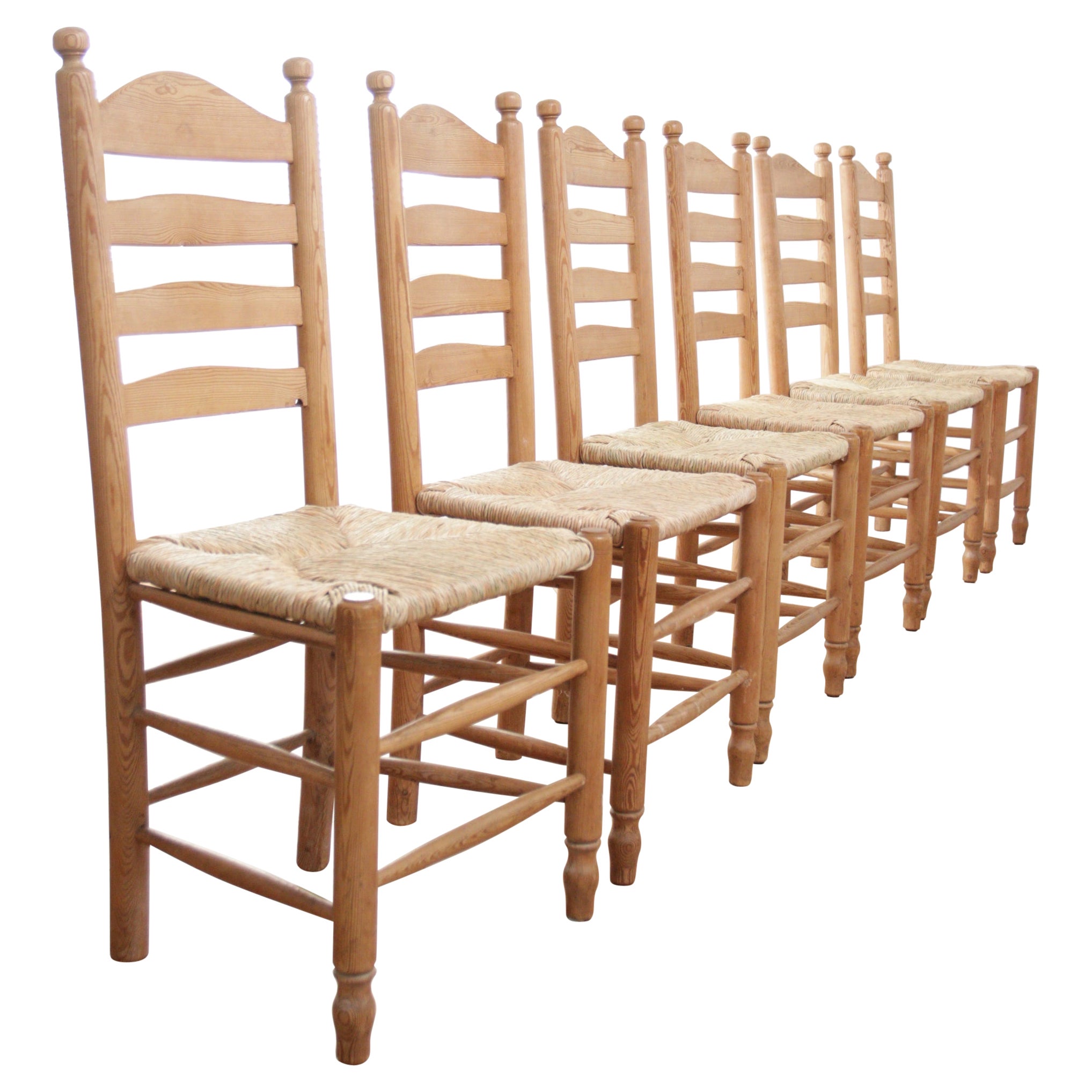 6 Dutch Ladder Back Pine and New Rush Seat Dining Chairs