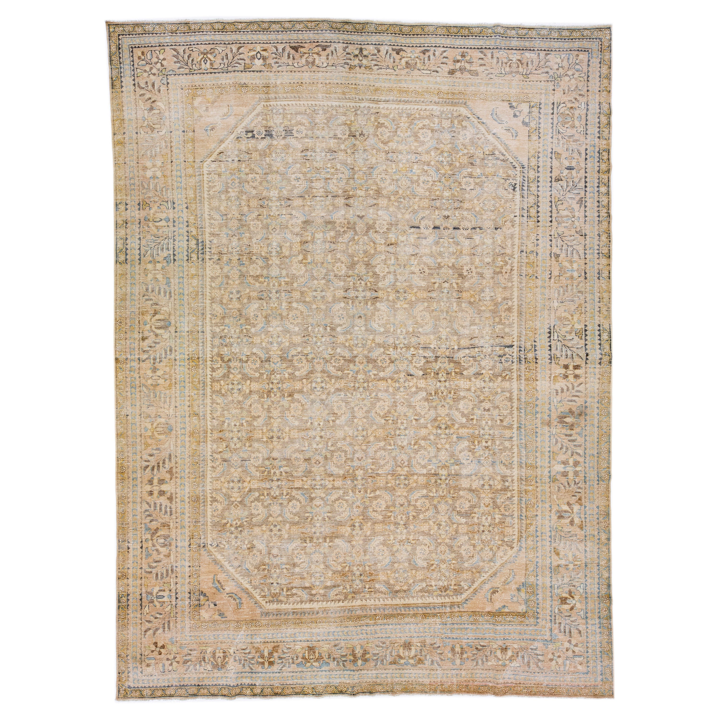Tapis persan ancien en laine Malayer, fait à la main, de couleur havane, avec motif en relief