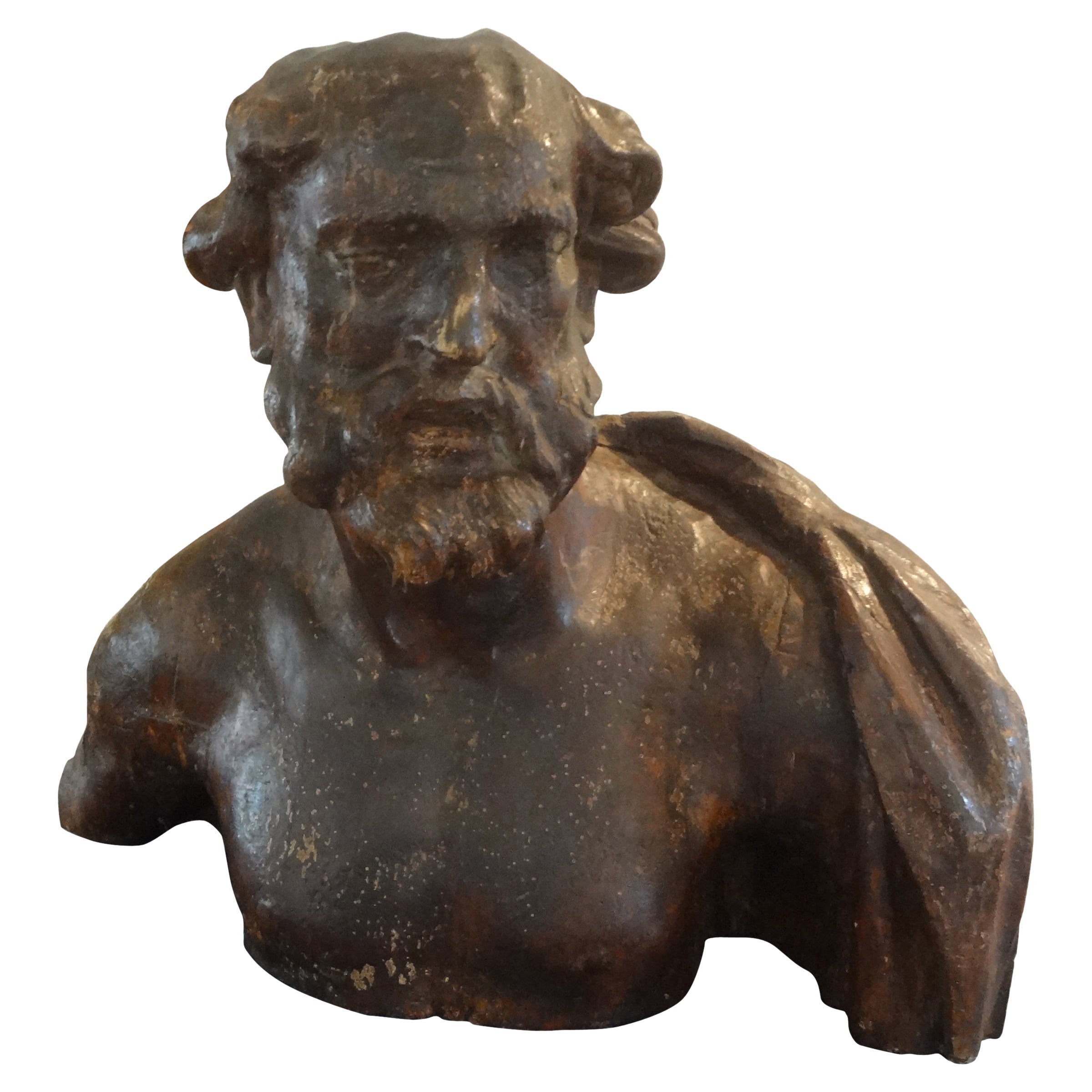 Monumental 17th Century Italian Baroque Carved Wood Bust For Sale