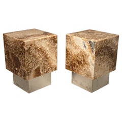 Pair of Side Table in Honey Onyx and Steel
