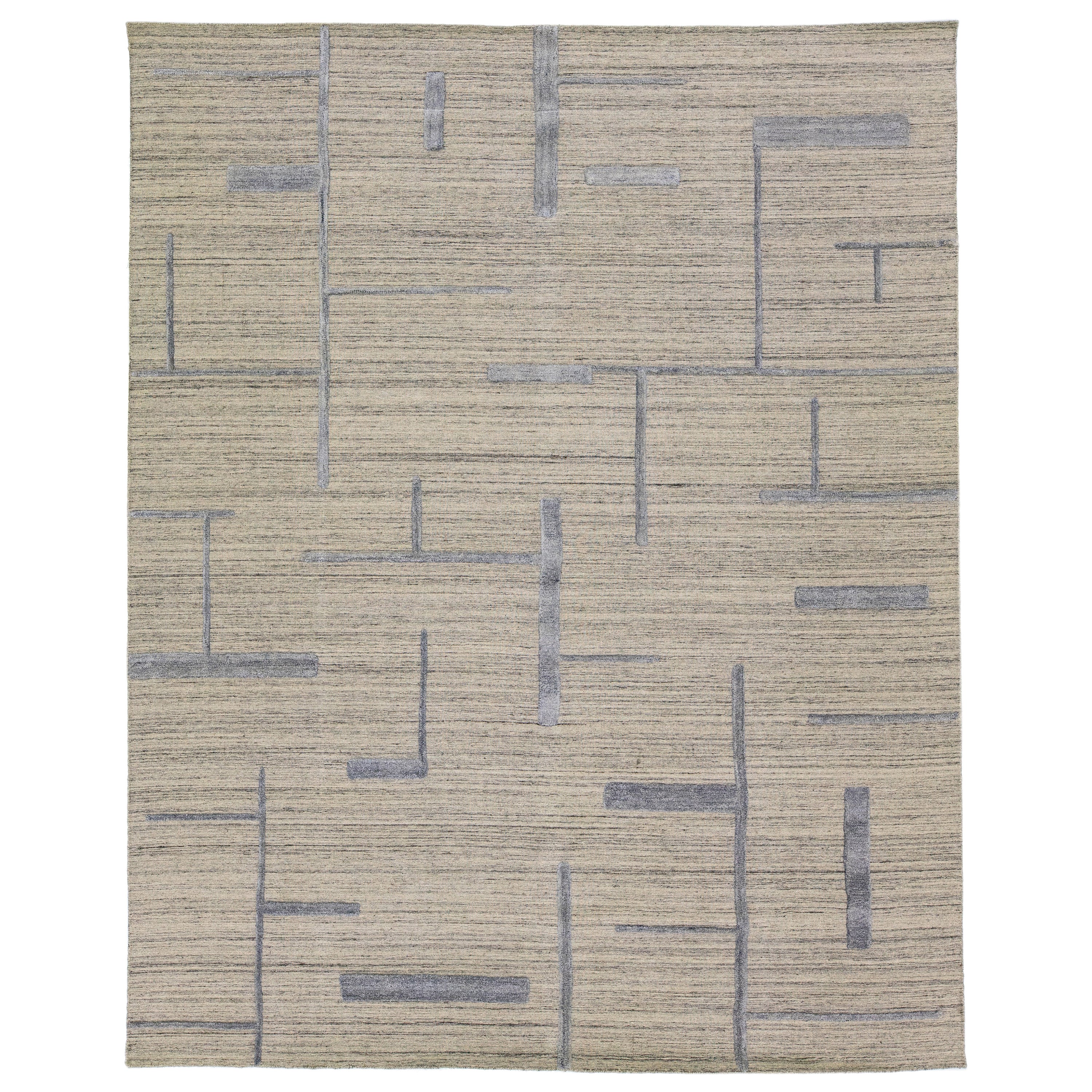 Beige Contemporary Texture Handmade Wool & Viscose Rug For Sale