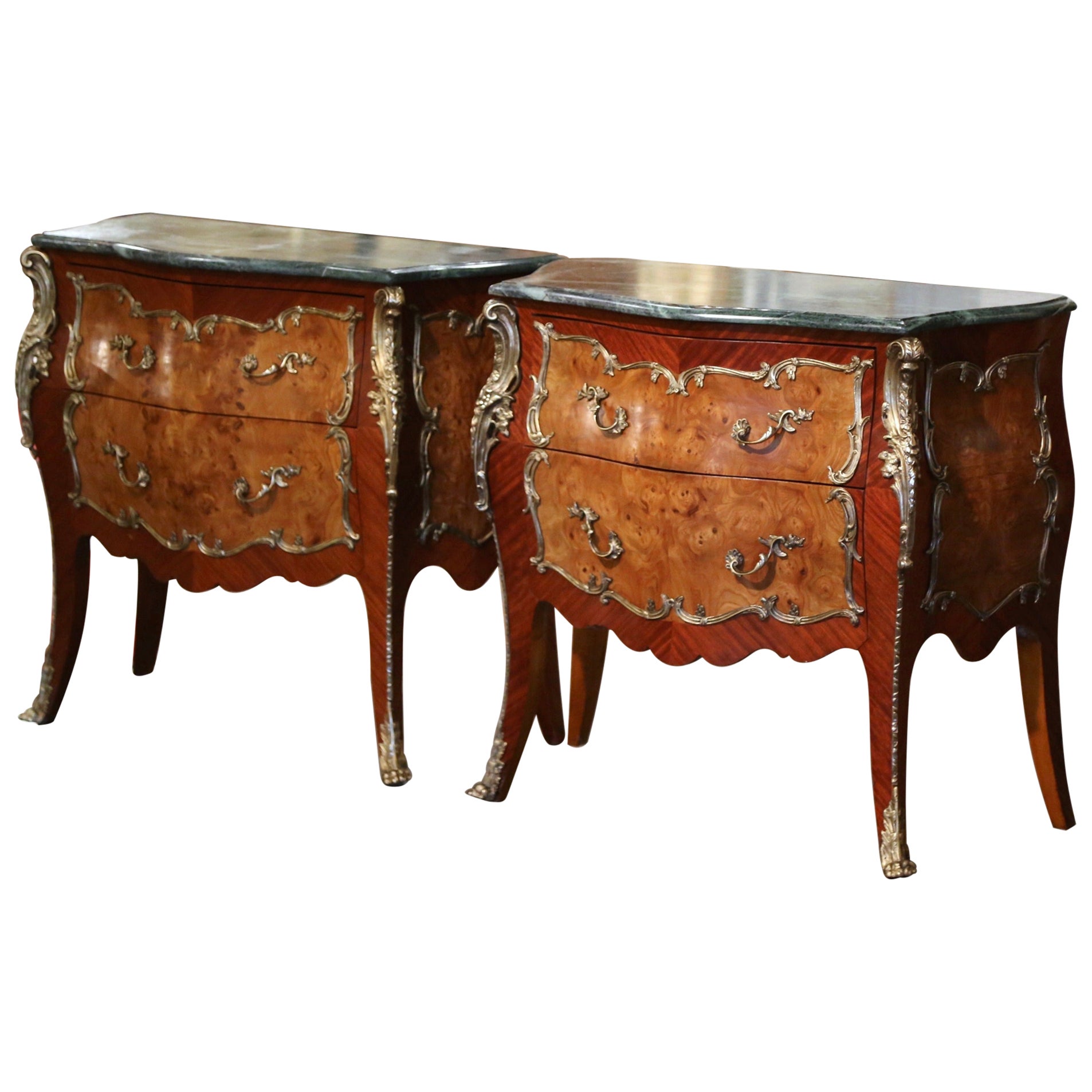 Pair of Midcentury Louis XV Marble Top Carved Walnut Commodes Chests of Drawers For Sale