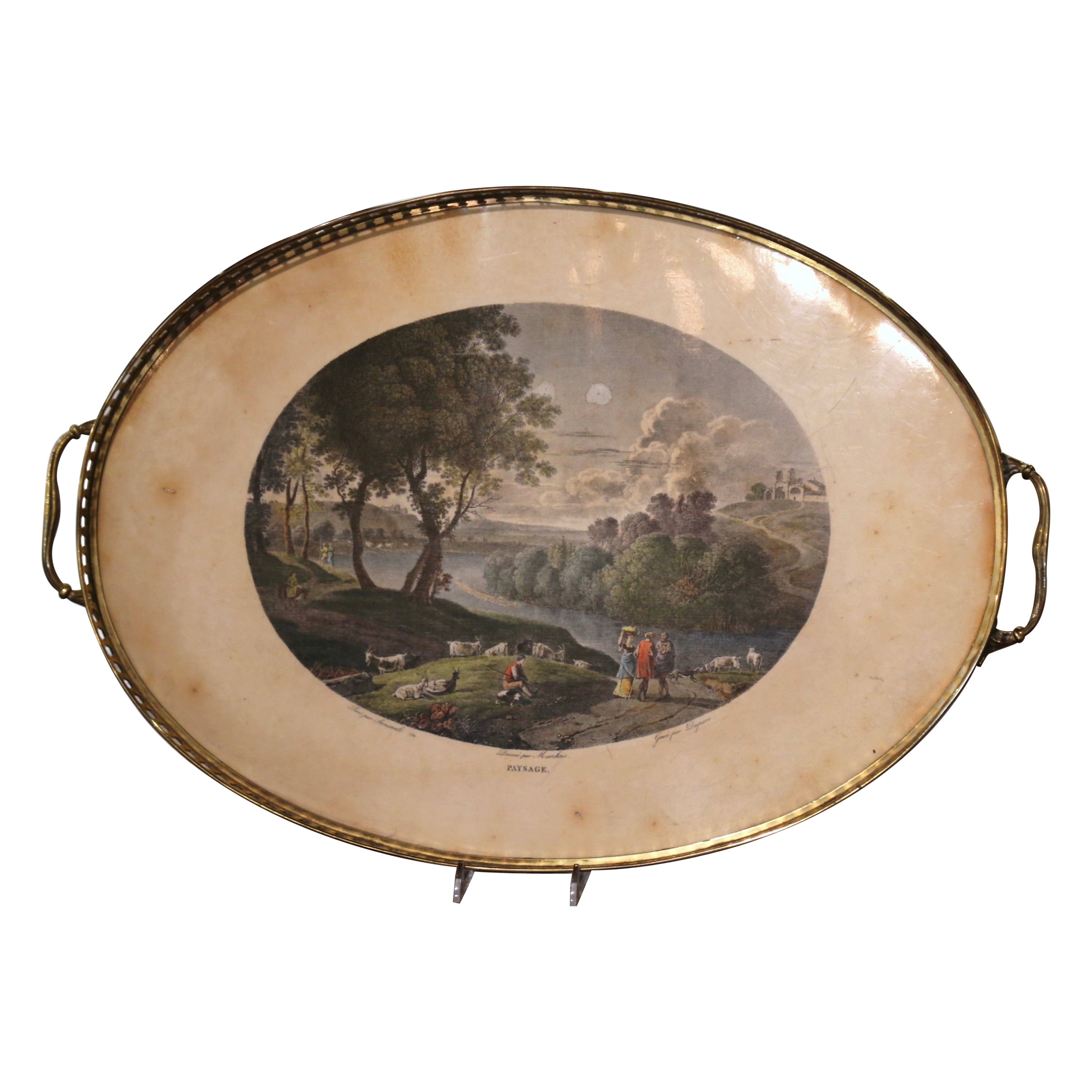 19th Century French Napoleon III Hand Painted Oval Brass Tray